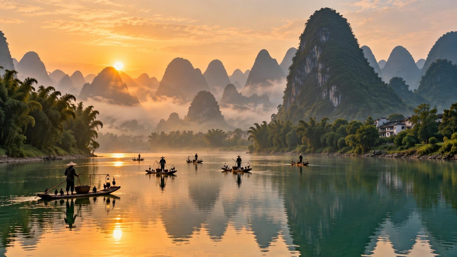 Li River bamboo rafts among karst peaks — the relaxed Guilin style