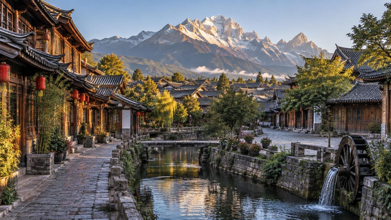 Lijiang old town beneath Jade Dragon Snow Mountain — Yunnan's highlands