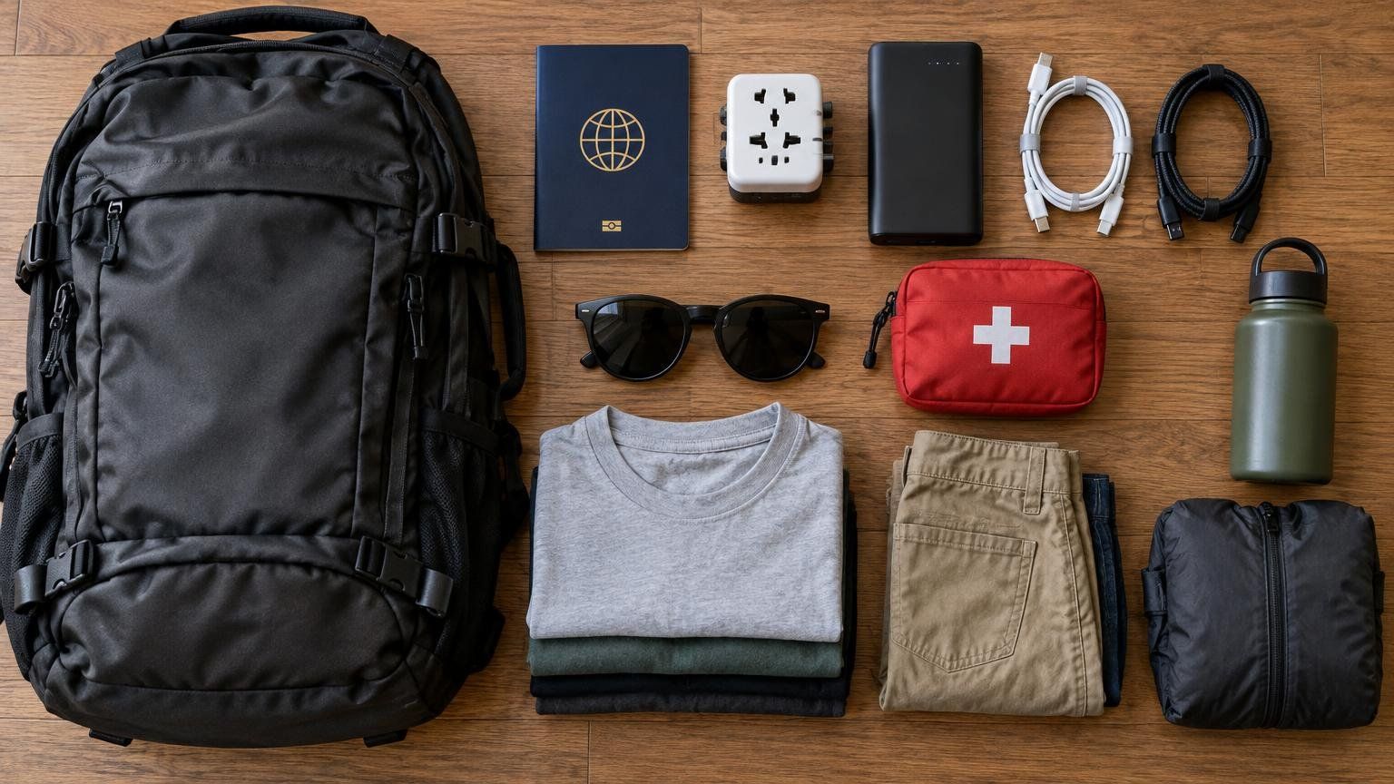 Packing essentials: passport, adapter, power bank